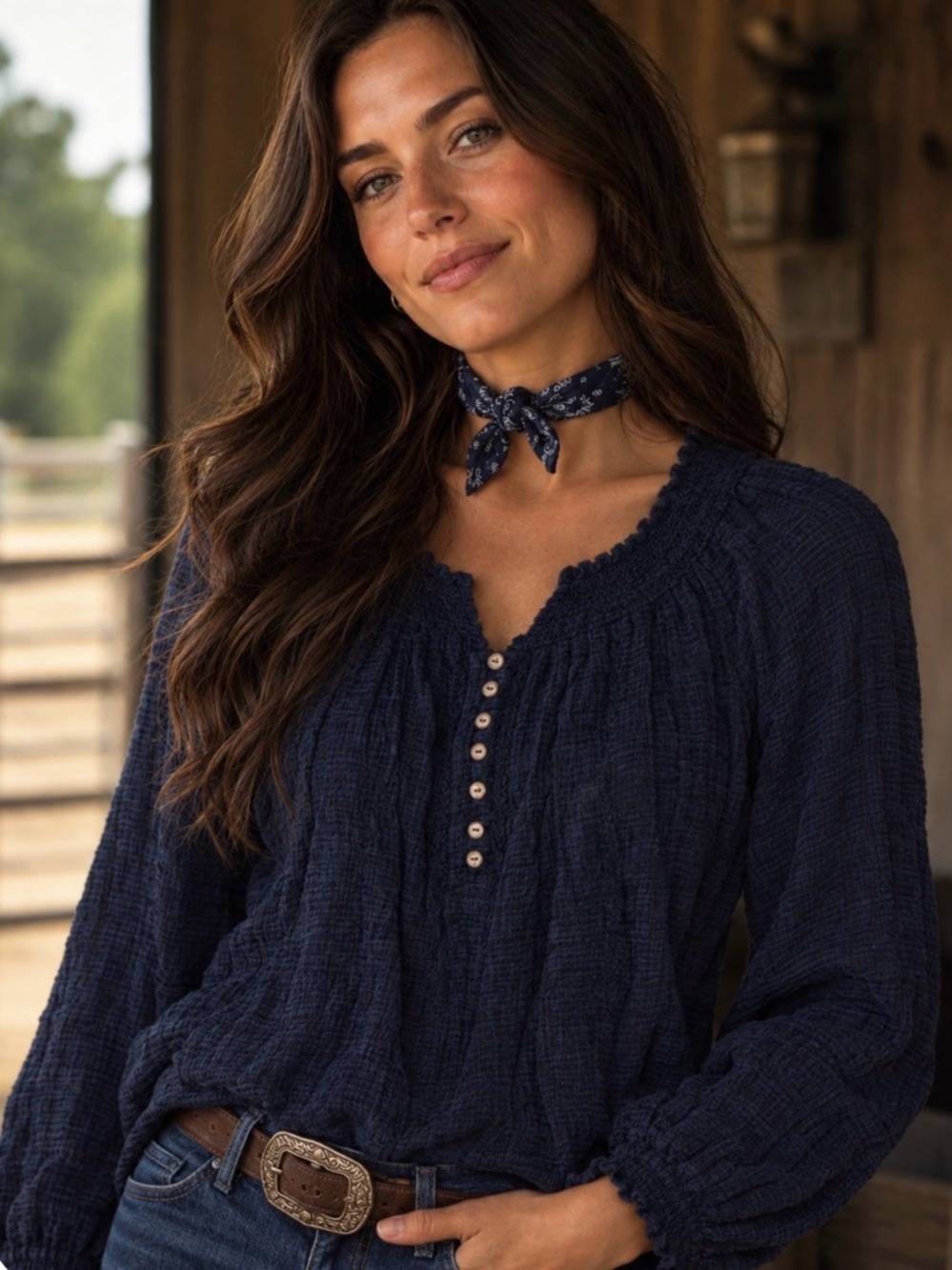 Sundance Navy Textured Henley Blouse with Scalloped Neckline